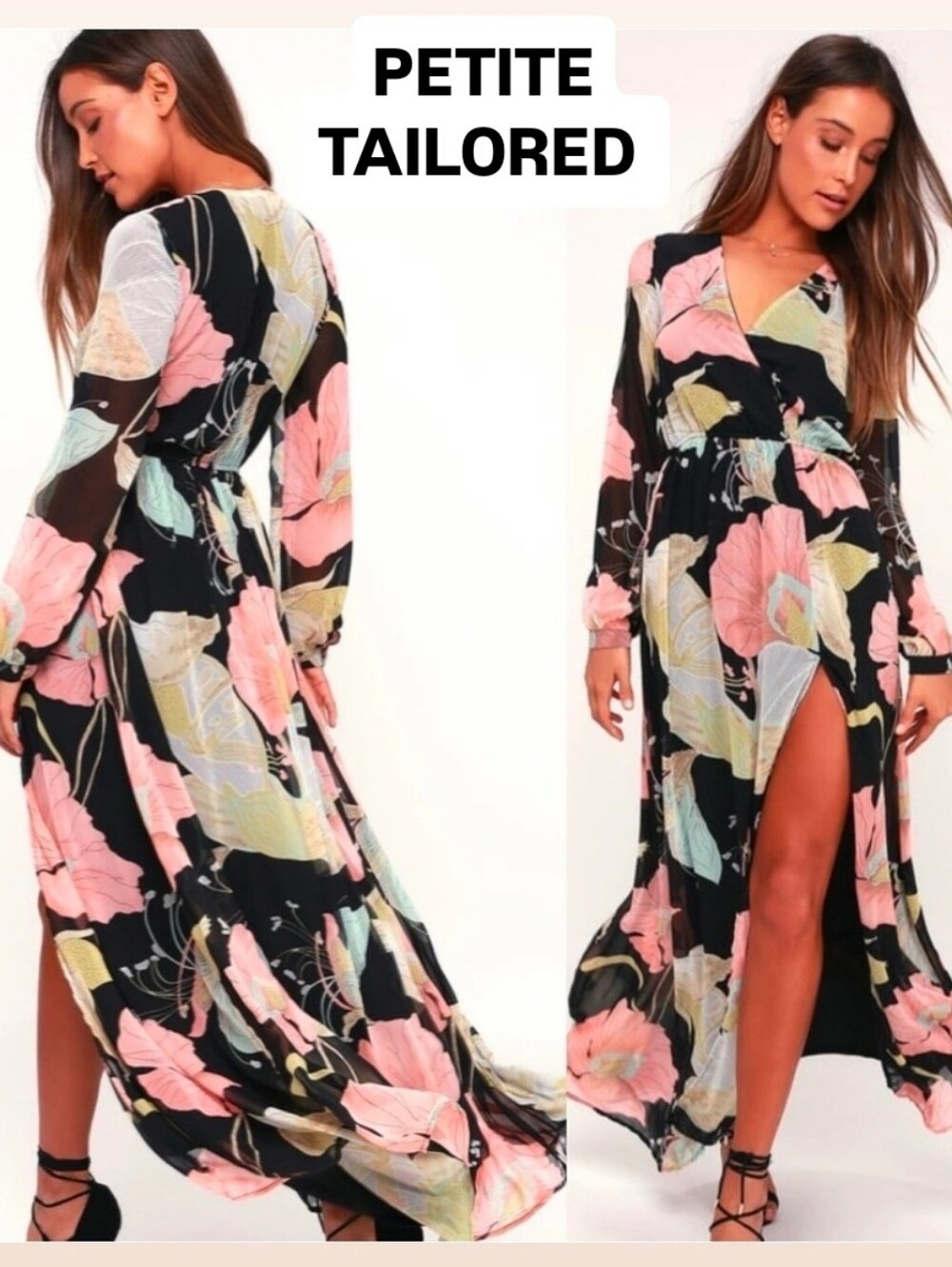 Lulu's PETITE Black Maxi Dress with Pink & Green Floral Print